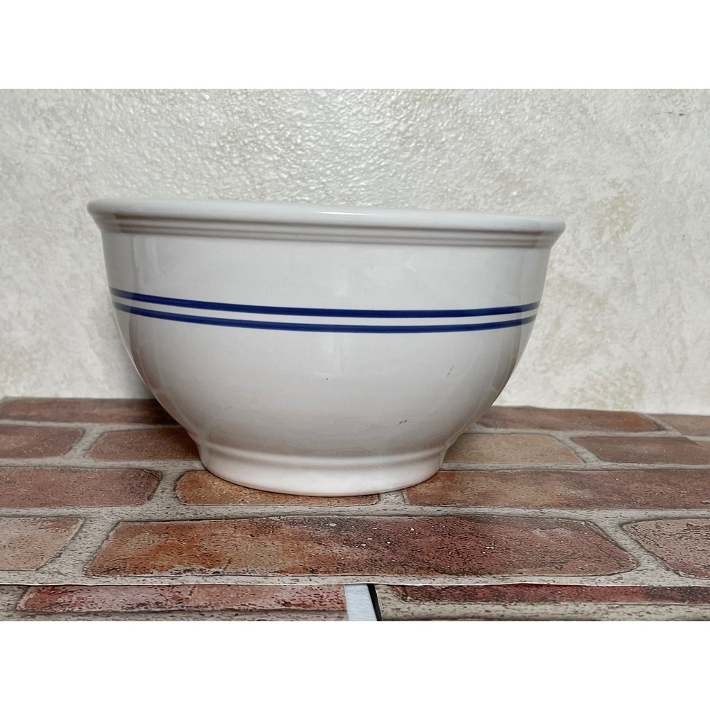 Gibson China White Ceramic Mixing Bowl Blue Double Stripe Farmhouse Stoneware